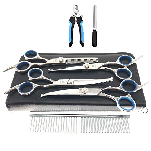MaoCG Dog Grooming Scissors Set, Safety Round Blunt Tip Grooming Tools, Professional Curved,Thinning,Straight Scissors with Comb,nail cliper and nail file,Grooming Shears for Dogs and Cats.