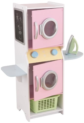 KidKraft Laundry Playset Children's Pretend Wooden Stacking Washer and Dryer Toy with Iron and Basket - Pastel