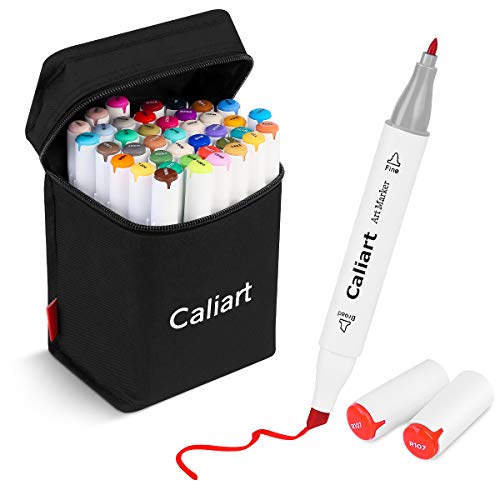 Caliart 40 Colors Dual Tip Art Markers Permanent Alcohol Based Markers Colored Artist Drawing Marker Pens Highlighters With Case for Coloring Animation Illustration Painting Card Making Underlining