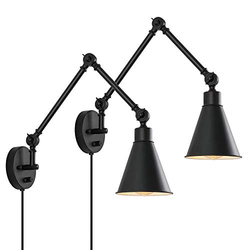 Plug in Wall Sconce Lamp, Industrial Swing Arm Wall Light Fixture with Dimmable Switch, Metal Black Wall Reading Light for Bedroom Living Room, Set of 2