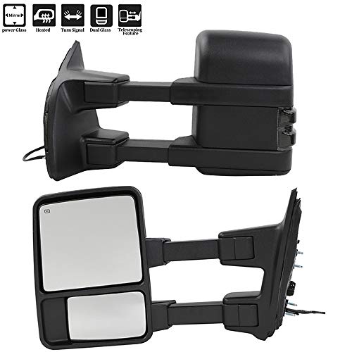 Towing Mirrors Fit For 99-07 Ford F250 F350 F450 F550 Super Duty 01-05 Excursion Pair Set Extendable Smoke Power Heated With LED Signal Light Side Mirrors