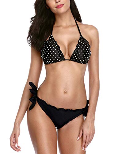 CharmLeaks Womens Triangle Bikini Swimsuit Polka Dot Black Bikini Tie Side Bikini Set XL