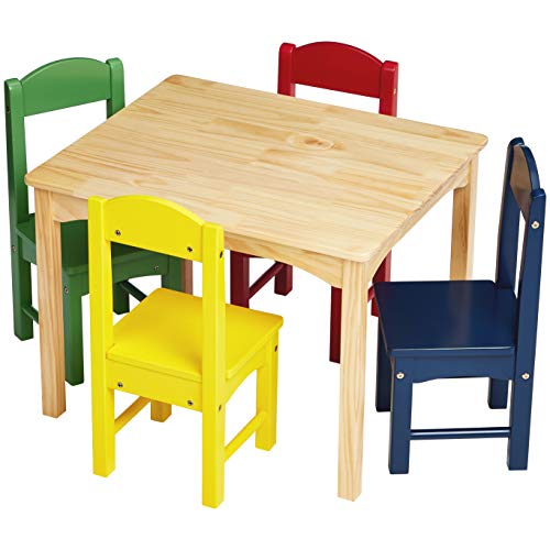 AmazonBasics Kids Wood Table and 4 Chair Set, Natural Table, Assorted Color Chairs