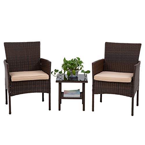 PayLessHere 3 Piece Furniture Patio Wicker Outdoor Rattan Conversation Bistro Sets for Backyard Porch Poolside Lawn,Brown