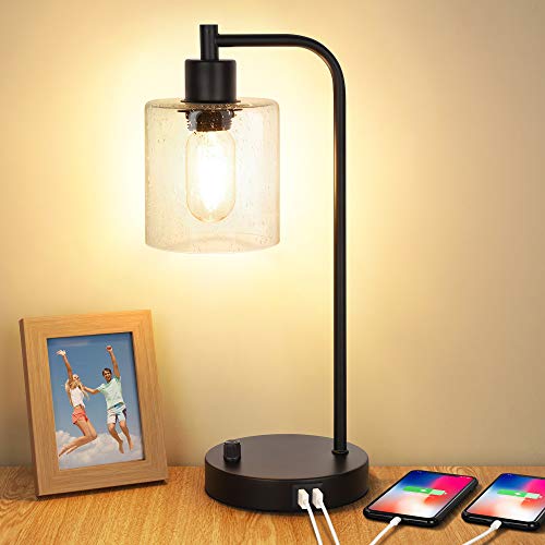 Industrial Table Lamp with 2 USB Ports,Fully Stepless Dimmable Vintage Nightstand Desk Lamp, Seeded Glass Shade Bedside Reading Lamp for Bedroom, Living Room, Office, 6W 2700K LED Edison Bulb Included