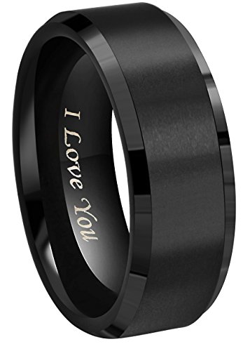 CROWNAL 8mm 6mm 4mm Black Tungsten Wedding Couple Bands Rings Men Women Matte Brushed Finish Center Engraved I Love You Size 4 to 17 (8mm,12)