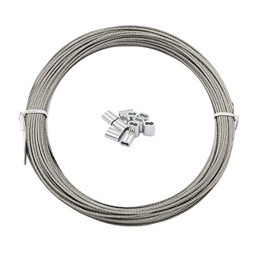 DGOL 100 feet 1/16 inch (1.5 mm) 304 Stainless Steel Cable Wire Rope,7x7 Standard,100 ft,with 10pcs Sleeves Stops,for Outdoor,Garden,Kitchen,Home,Art,Craft