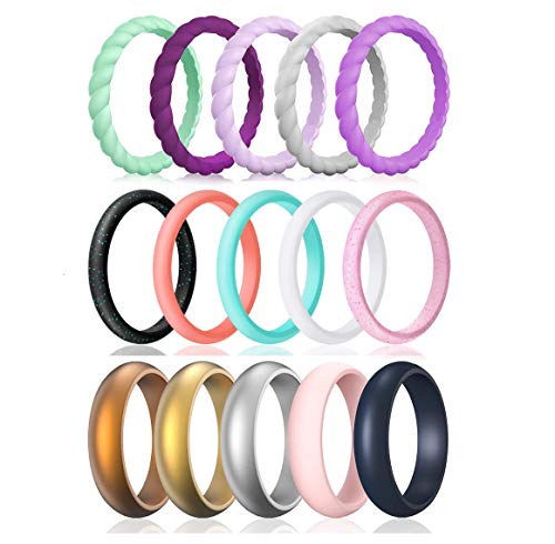 Qinaoco Silicone Rings Women,15 Pack Thin and Stackable Braided Rubber Wedding Ring Band for Women, Her, Couple, Souvenir and Outdoor Active Exercise Style (6.5-7(17.3mm), 15 Colors Sets)