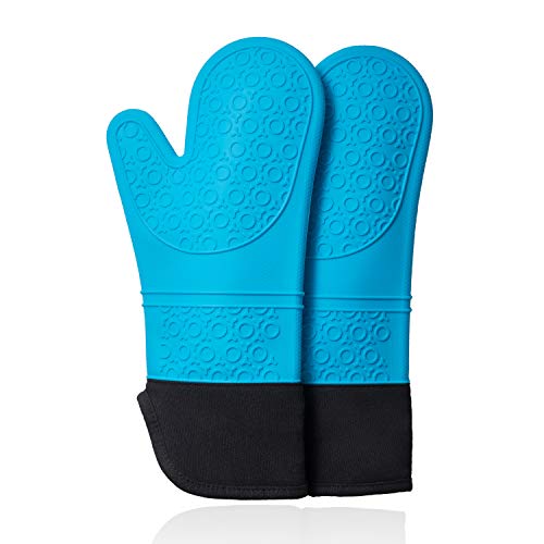 CHRYZTAL Premium Professional Silicone Oven Mitts,Heat Resistant Pot Holders,Flexible Non Slip Oven Gloves with Quilted Liner,1 Pair,Aqua,Set of 2,14.7 Inch
