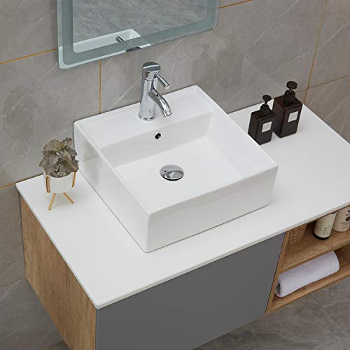 PetusHouse Bathroom Vessel Sink and Pop Up Drain Combo, Square Above Counter White Porcelain Ceramic Bathroom Vessel Vanity Sink Washing Art Basin, Overflow Type