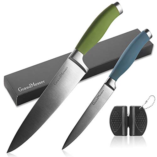 GrandMesser Kitchen Chef's Knives, 8 Inch Gyutou Knife and 5 Inch Universal Knife, High-Grade Carbon Stainless Steel Cooking Knife Set, Ergonomic Color Non-Slip Handle Design, Sharpener and Gift Box.