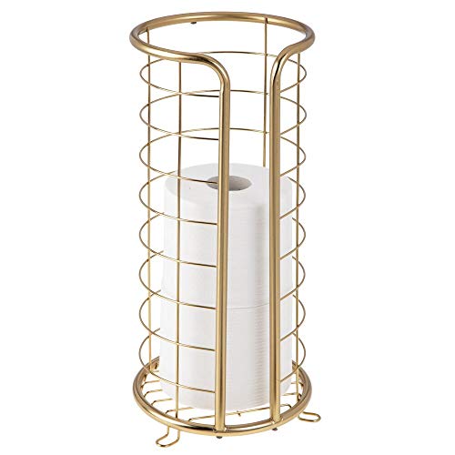 mDesign Decorative Metal Free Standing Toilet Paper Holder Stand with Storage for 3 Rolls of Toilet Tissue - for Bathroom/Powder Room - Holds Mega Rolls - Soft Brass