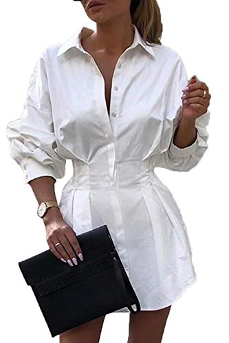 Rozegaga Womens Sexy Long Sleeve Button Down Cinched Waist Mini Shirt Dress White XLarge