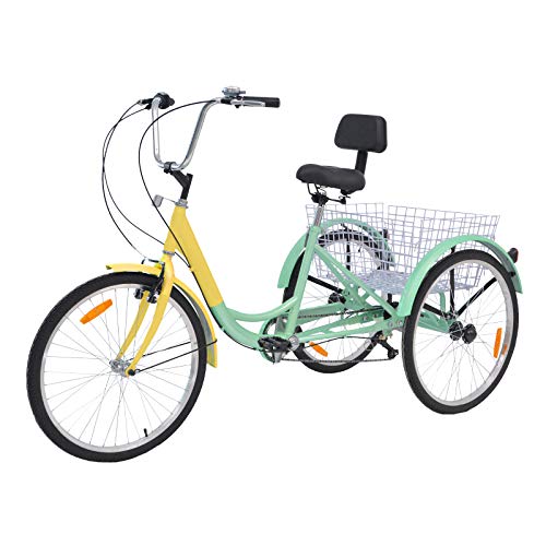 Barbella Adult Tricycle, 24-Inch Single and 7 Speed Three-Wheeled Cruise Bike with Large Size Basket for Recreation, Shopping, Exercise Men's Women's Bike (Cyan Yellow)