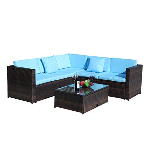 Sandinrayli 4PCs Patio Furniture Set, All-Weather PE Wicker Rattan Sectional Sofa with Seat Cushion, Pillow & Tempered Glass Table, Outdoor Conversation Set