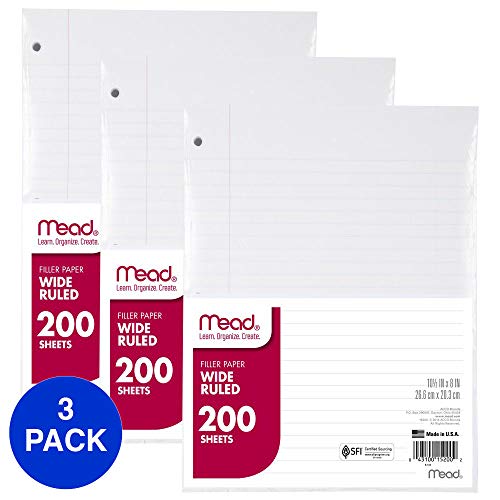 Mead Loose Leaf Paper, Wide Ruled, 200 Sheets, 10-1/2' x 8', Lined Filler Paper, 3 Hole Punched for 3 Ring Binder, Writing & Office Paper, Perfect for College, K-12 or Homeschool, 3 Pack (73183)