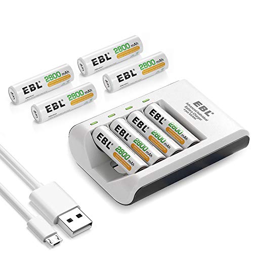 EBL Rechargeable AA Batteries Precharged 2800mAh Powerful Battery (8 Packs) with Smart C807 Battery Charger for 1/2/3/4 AA AAA Batteries