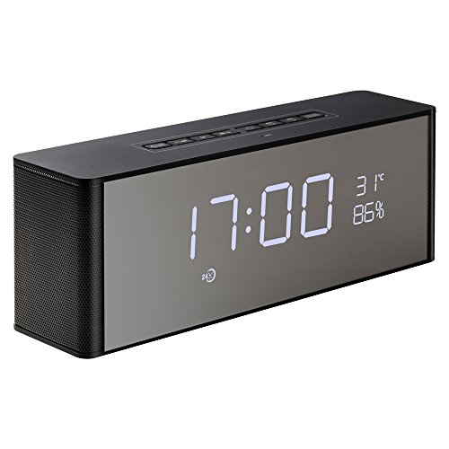 Abuzhen Wireless Speaker, Alarm Clock, Digital FM Radio, 3.5mm Aux Line-in TF Card Play, Thermometer, Large Mirror LED Dimmable Display for Hotel,Home,Office,Bedroom,Travel