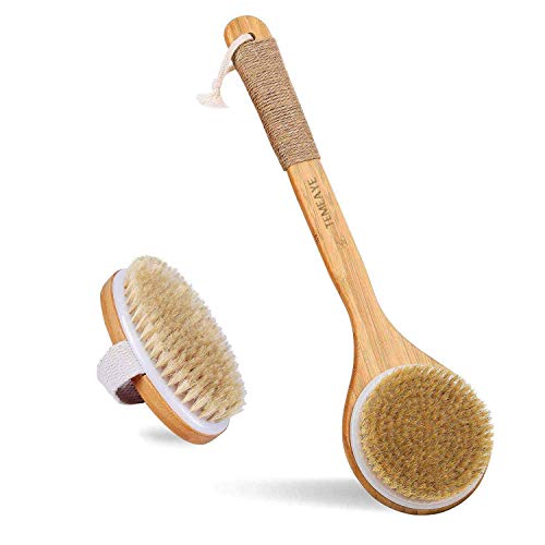 Bath Body Brush for Dry or Wet Brushing, Set of 2 with 2 Wall Hooks, Natural Bristle Hair Shower Back Brush, Exfoliation, Improve Lymphatic, Stimulate Blood Circulation, Eliminate Fat and Toxins
