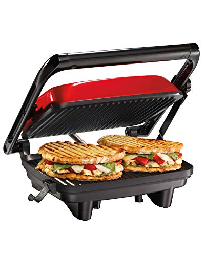Hamilton Beach Electric Panini Press Grill With Locking Lid, Opens 180 Degrees For Any Sandwich Thickness, Nonstick 8' X 10' Grids, Red (25462Z)