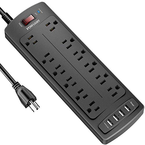 Power Strip, POWLIGHT Surge Protector with 12 AC Outlets and 4 USB Charging Ports,1875W/15A, 2100 Joules, 8 Feet Long Extension Cord for Smartphone Tablets Home,Office, Hotel- Black