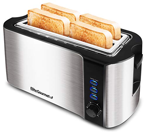 Elite Gourmet ECT-3100 Maxi-Matic 4 Slice Long Toaster with Extra Wide 1.5' Slot for Bread, Bagels, Croissants, and Buns, Reheat, Cancel and Defrost, 6 Adjustable Toast Settings, Stainless Steel