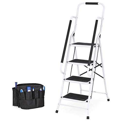 Best Choice Products 4-Step Folding Ladder w/Padded Handrails, Attachable Tool Bag