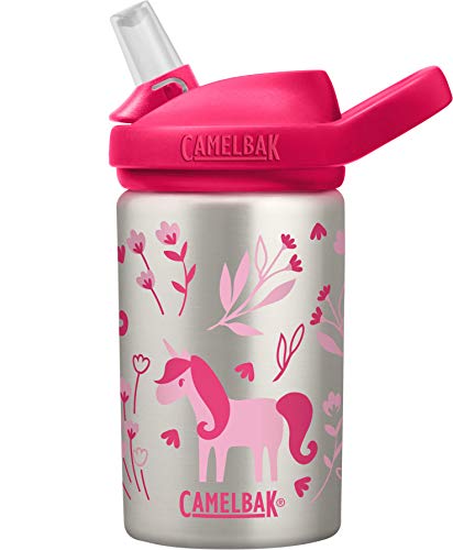CamelBak Eddy+ Kids Water Bottle, Stainless Steel with Straw Cap, 14 oz, Unicorn & Blooms - Spill-Proof When Open, Leak-Proof When Closed, Model Number: 2305104040