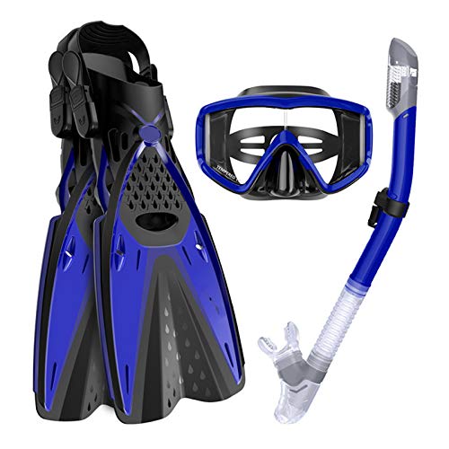Ertong Scuba Diving Gear Swimming Combo Set Waterproof and Anti-Fog Snorkel Mask+Adjustable Freediving Swimming Fins/Flippers+ Breathing Tube for Adults (Blue, ML/XL（Adult US Size 9-13）)