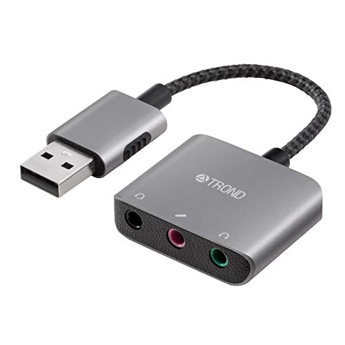 TROND External Sound Card USB Audio Adapter, Durable Aluminum Housing, Flexible Nylon Braided Cable, USB Type A to 3.5mm TRS & TRRS Aux Jacks, Space Gray