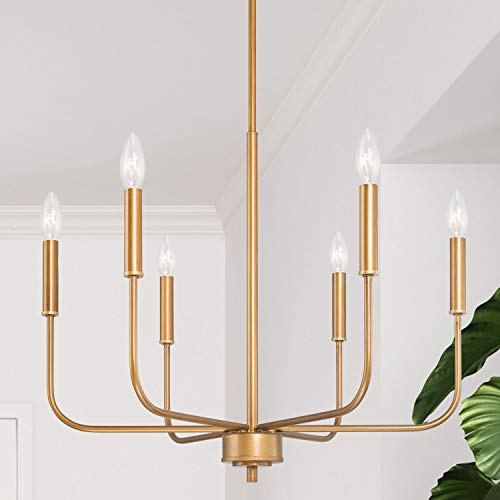 LOG BARN Brass Chandelier Modern, Dining Room Lighting Fixtures for Sitting Room, Bedroom, Kitchen Island, 6-Light, 22.5” Dia