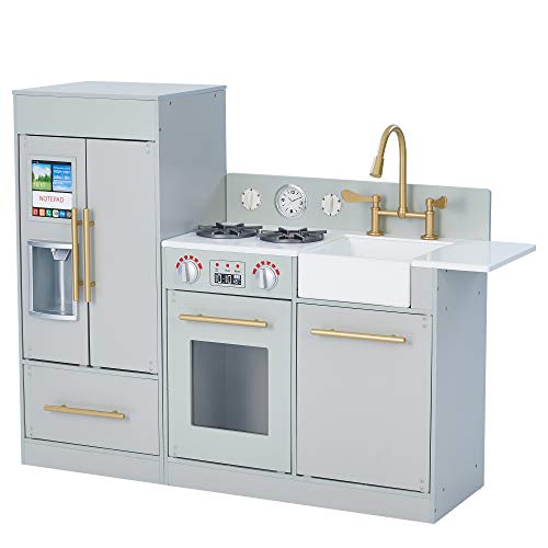 Teamson Kids Little Chef Chelsea Modern Play Kitchen Toddler Pretend 2 pcs Play Set with Accessories and Ice Maker Gray / Gold