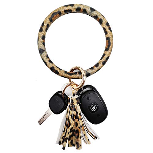 AnnabelZ Keychain Bracelet Wristlet Bangle Key Holder Round Keyring Leather Tassel Key Ring Chain for Women Girls (Leopard Print)