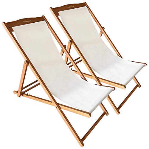 Beach Sling Chair Set Patio Lounge Chair Patio Furniture Outdoor Reclining Beach Chair Wooden Folding Adjustable Frame Solid Eucalyptus Wood with White Polyester Canvas 3 Level Height Portable 2 Set