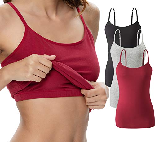 Vislivin Womens Cotton Camisole Adjustable Strap Tank Tops with Shelf Bra Stretch Undershirts 3 Pack Black/Gray/Wine Red L