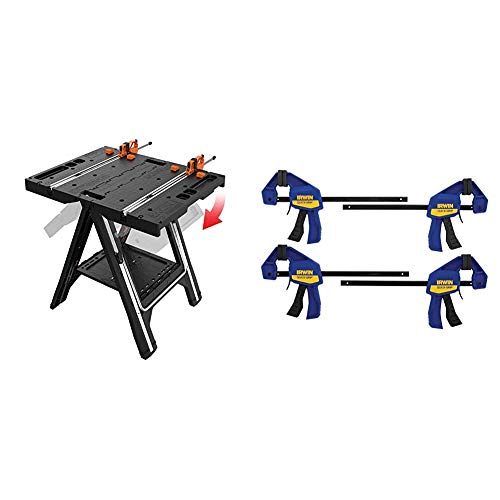 WORX Pegasus Multi-Function Work Table and Sawhorse with Quick Clamps and Holding Pegs – WX051 & IRWIN QUICK-GRIP Clamps, One-Handed, Mini Bar, 6-Inch, 4-Pack (1964758)