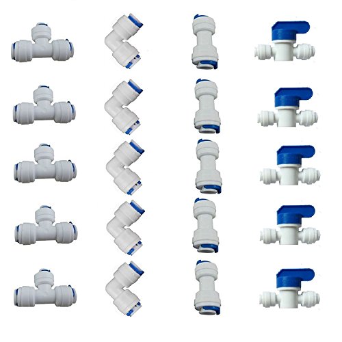 1/4' OD Quick Connect Push in to Connect for RO Water Reverse Osmosis System Water Tube Fitting Set of 20 (Ball Valve+T+I+L Type Combo)