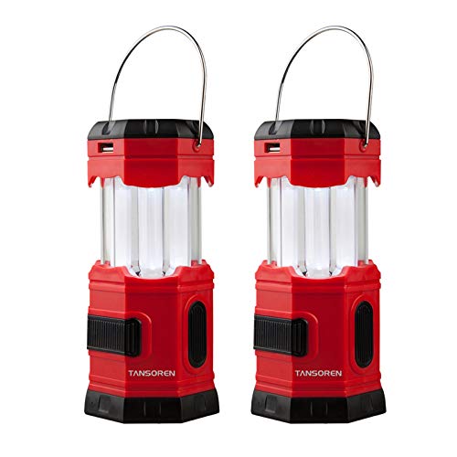 TANSOREN 2 PACK Portable LED Camping Lantern Solar USB Rechargeable or 3 AA Power Supply, Built-in Power Bank Compati Android Charge, Waterproof Collapsible Emergency LED Light with'S' Hook