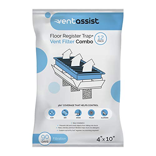 Vent Assist Floor Register Vent Grate Trap and Air Filter Combo - Filtration for House HVAC Ventilation - Duct Protector - Dust, Pollen and Insect Blocker - Pre Cut (4 Inches x 10 Inches, 12 Pack)