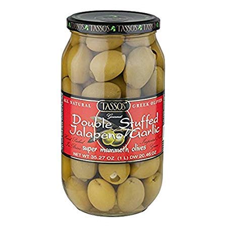 2 Pack Of Tassos All Natural Double Stuffed Jalapeno And Garlic Super Mammoth Olives (2X35.27 oz.)