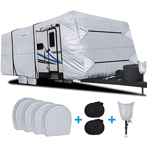 RVMasking Waterproof Travel Trailer RV Cover, Ripstop Camper Cover with 4 Tire Covers & Tongue Jack Cover, 31'7' - 34
