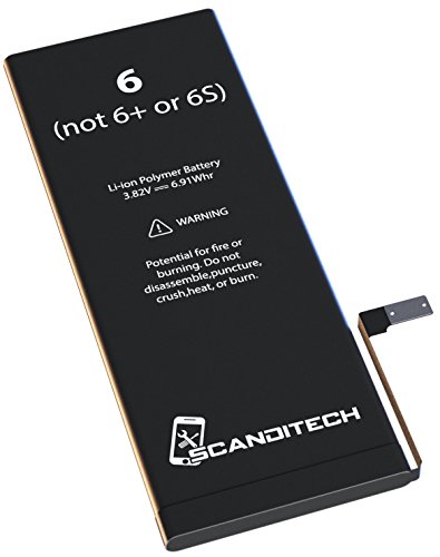 ScandiTech Battery Model iP6 (not 6+ or 6S) - with Adhesive & Instructions (no Tools) - New 1810 mAh 0 Cycle Replacement Battery - Repair Your Phone in 15 min - 1 Year Warranty