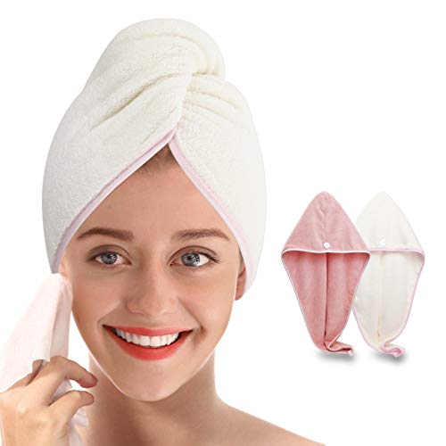 Microfiber Hair Towel with Button - Simone&Jerry Original Magic Instant Hair Dry Wrap for Women Rapid Drying Hair Turban, 2 Pack Hair Care Cap for a Bath Beige & Pink (10 x 26 Inches)