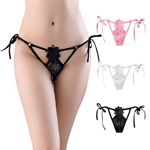 MISMXC 3 Pcs Women's Side Tie Adjustable Lace See Through Thong G-Strings Panties Sexy Briefs