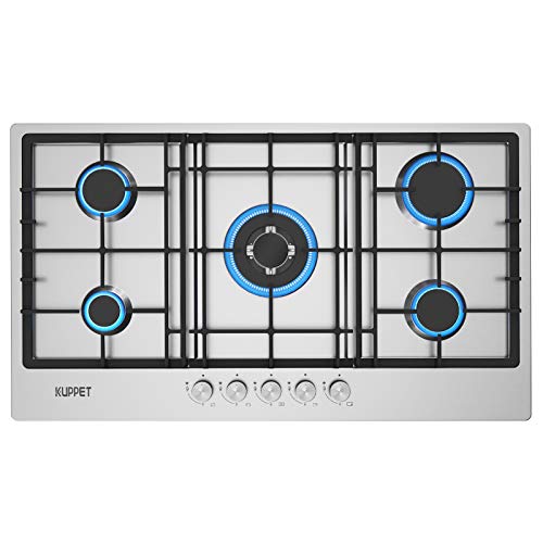 36 Inch Gas Cooktop, KUPPET QM5711 Gas Stove Cooktop with 5 Italy Sabaf Sealed Burners, Stainless Steel Cooktop Gas Hob, NG/LPG Convertible ETL Certified