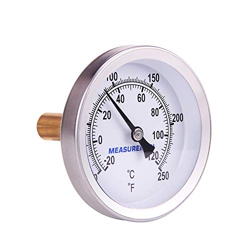 MEASUREMAN Hot Water Bi-Metal Thermometer, 2-1/2' Dial, 1-3/4' Lead Free Brass Stem, Range 0-250 deg F/-20-120 deg C, 2% Accuracy, Adjustable, 1/2' NPT Back Mount