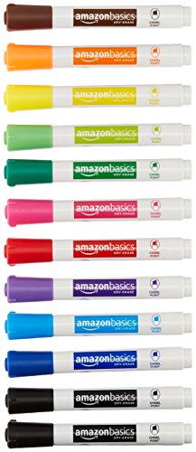 AmazonBasics Dry Erase White Board Markers - Low Odor, Chisel Tip - 12 Pack, Assorted Colors