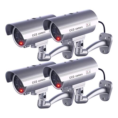 IDAODAN Dummy Security Camera, Fake Cameras CCTV Surveillance System with Realistic Simulated LEDs for Home Security + Warning Sticker Outdoor/Indoor Use (4 Pack)