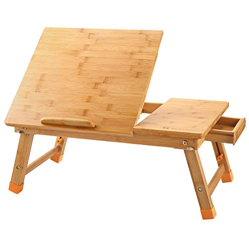 Large Laptop Desk Nnewvante Table Adjustable 100% Bamboo Foldable Breakfast Serving Bed Tray Table w' Tilting Top Drawer Leg Cover