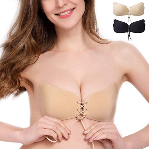 IYY 2 Pack Push Up Sticky Bra for Women, Invisible Bra Backless Strapless Bra Adhesive Bra Reusable Nipple Covers(B Cup, Black and Beige)